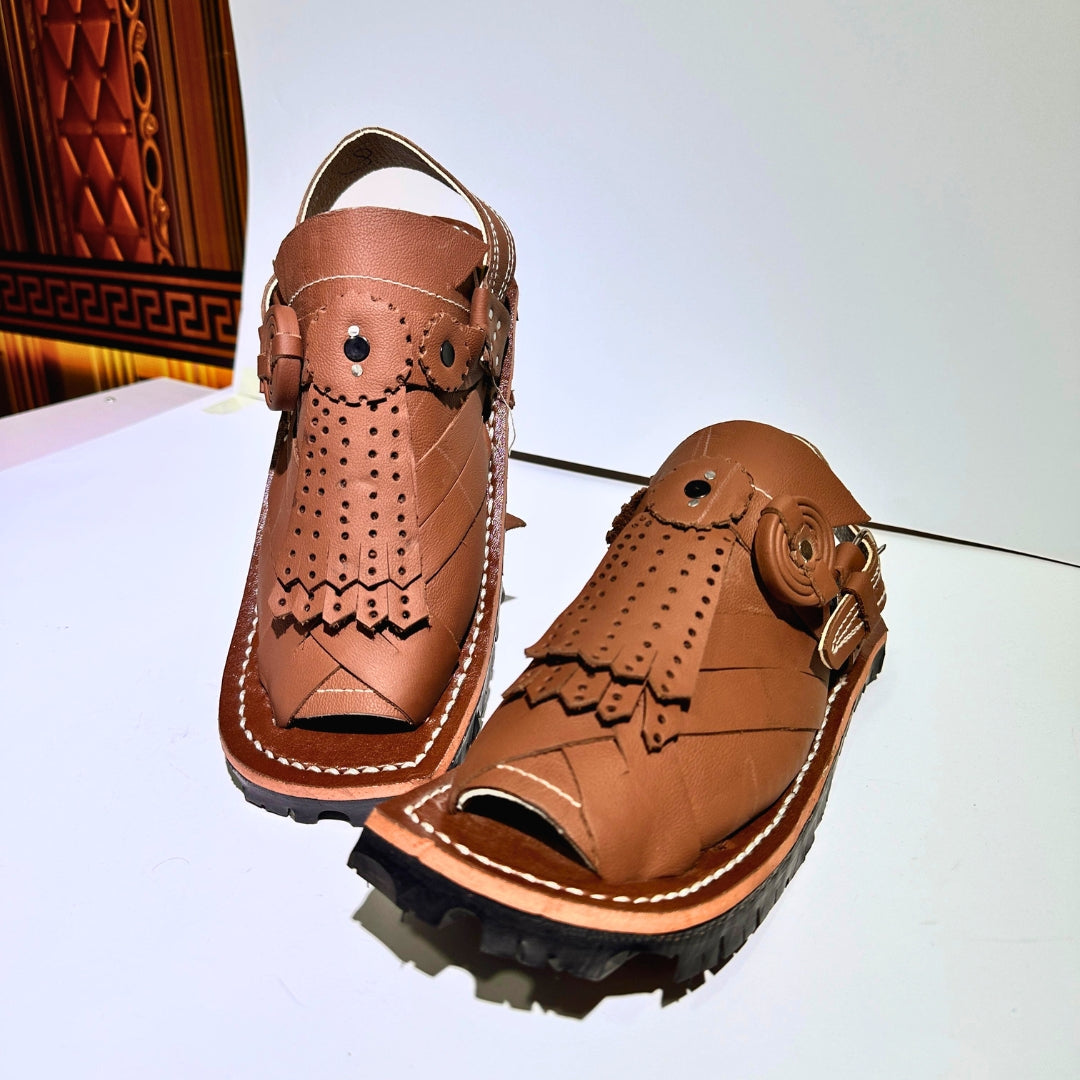 Handmade Balochi Leather Chawat – Marri Tribal Design (Men’s Traditional Wear) marri cut brown